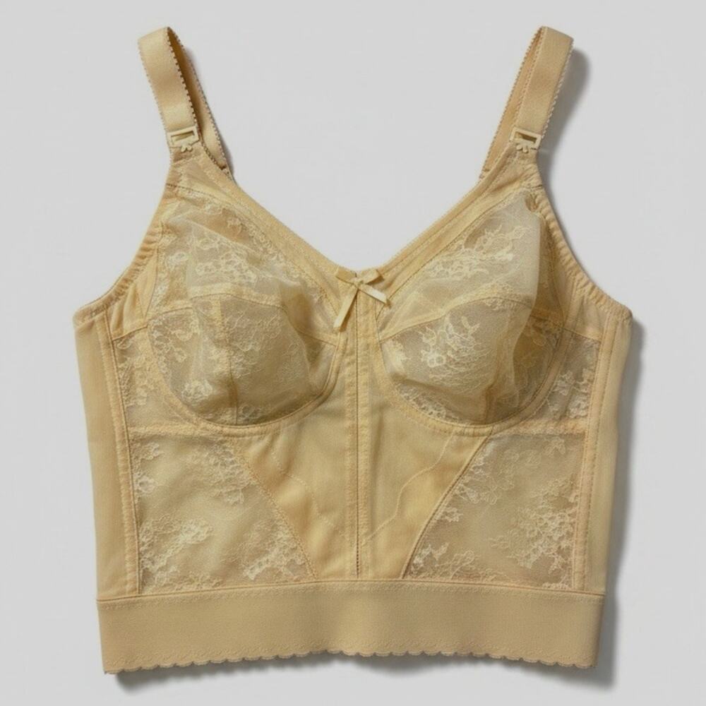 VTG Bali Long Line Bra 38C Cream Corset Bustier Sheer Lace Sexy Slimming 3300